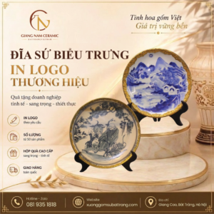 Đĩa sứ biểu trưng men lam bọc đồng