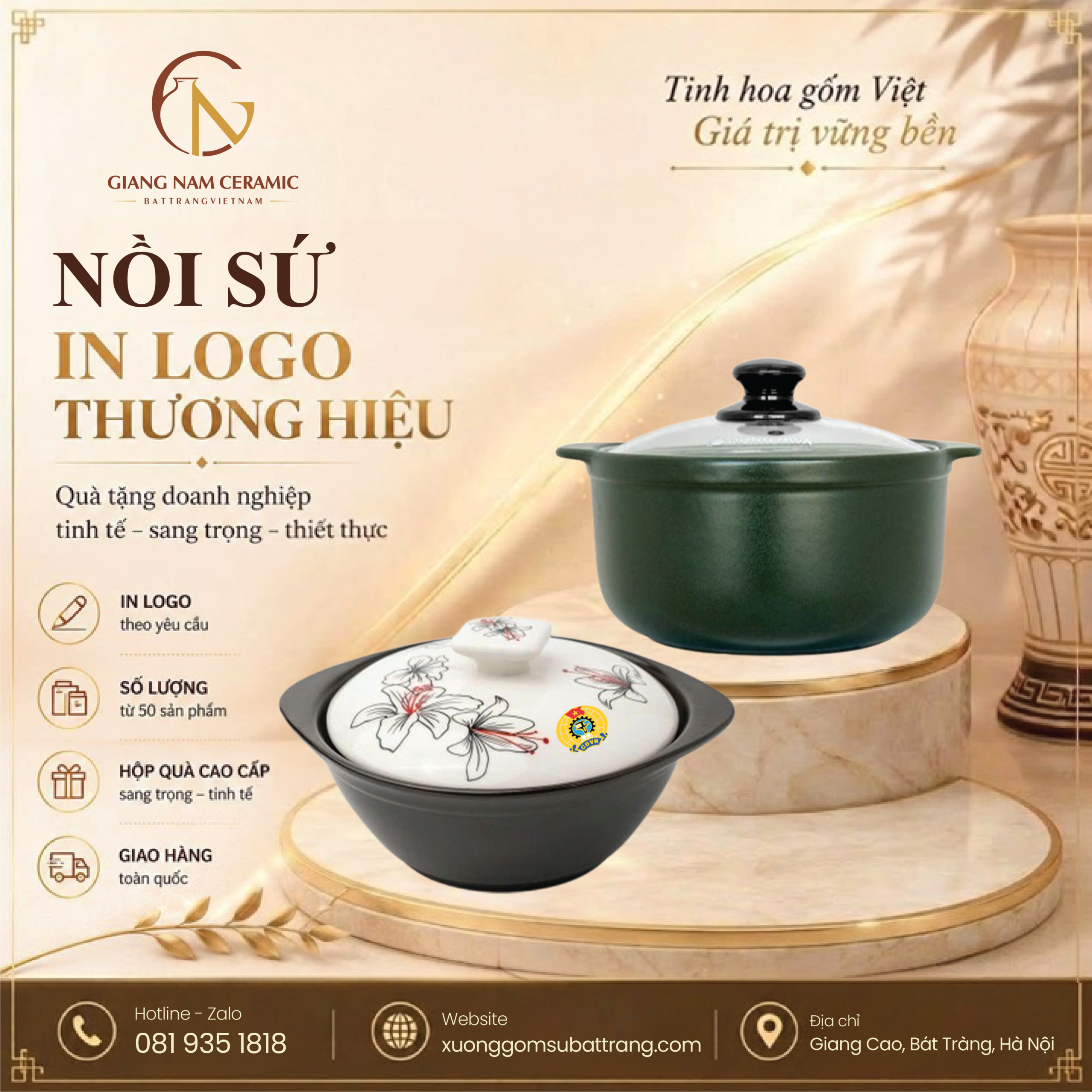 Nồi Đất Nắp Sứ Trắng Hoa Văn DongHwa In logo 1 Nồi Đất Nắp Sứ Trắng Hoa Văn DongHwa In logo
