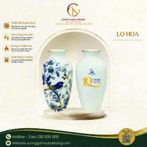 Lọ hoa Bát Tràng vẽ chim hoạ mi xanh coban in logo