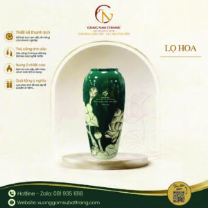 Lọ hoa men xanh in logo hoạ tiết sen trắng